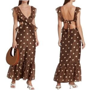 SIR The Label Vivi Frill Maxi cut out Dress Brown Polka Dot Ruffle Open Back